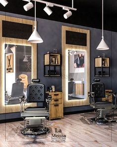 a hair salon with mirrors and lights on the wall, chairs in front of them