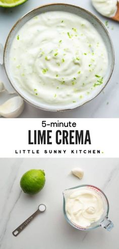 lime cream in a bowl with spoons next to it and limes on the side