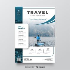 a travel flyer template with a man on a surfboard