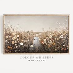 a white owl sitting on top of a field of flowers next to a wooden frame