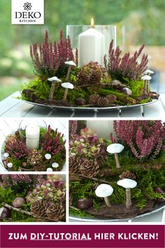 an arrangement of plants, mushrooms and candles on a table with the words zum diy - tutorial her kitchen