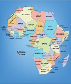 a map of africa with all the major cities and their names on it's borders