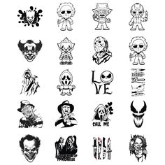 various halloween stickers are shown in black and white