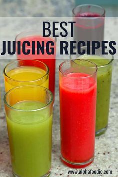 four glasses filled with different colored juices and the words best juicing recipes above them