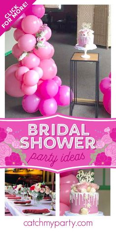 a pink bridal shower party with balloons and cake