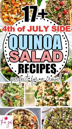 a collage of quinoa salads with text overlay that reads 17 days of july side