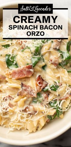 a bowl of pasta with text overlay that reads creamy spinach bacon orzo One Pot Orzo Recipes, Bacon Orzo, Orzo Dinner Recipes, Parmesan Garlic Sauce, One Pot Orzo, Bacon Risotto, Orzo Pasta Recipes, Orzo Dishes