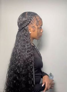 Hairstyle Ideas With Extensions, Two Braid With Weave In The Back, Two Braids With Curls In The Back, Leaveouts Hairstyles, Two Braids With Quick Weave, 9th Grade Hairstyles Black, Dope Hairstyles Black Women, Cute Weave Hairstyles For Black Women, 8th Grade Graduation Hairstyles