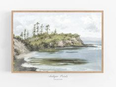 a watercolor painting of an island with trees on the shore and clouds in the sky