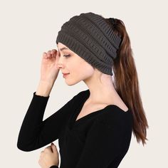 Dark Grey Casual   Acrylic Plain Beanie   Fall/Winter Women Accessories Winter Knit Headband, Ponytail Beanie, Knitted Headband, Beanie Hats For Women, Women Hat, Beanie Style, Women's Beanie, Winter Hats For Women, Knit Beanie Hat