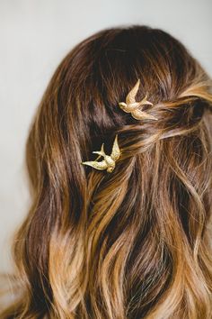 "Set of 2 brass sparrow bird hairpins handmade in the USA  Birds are approximately 1 1/2\" by 1 1/4\" Photo credit: Seedling Photography Wedding photo credit: Moriah Sutton" Bird Themed Wedding, Beaded Hair Pins, Hair Accessories Vintage, Traditional Wedding Attire, Floral Hair Pins, Sparrow Bird, Head Gear, Flower Hair Comb, Forest Theme