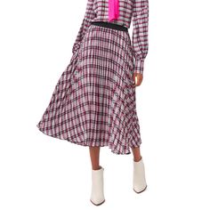 Cece Size S Color: Pink, Black And White Plaid Pleated Midi Skirt Allover Pleating Lends Fluid Movement To A Mid-Length Skirt Patterned In A Timeless Plaid For Eye-Catching Appeal. 31 1/2" Length (Size Small) 100% Polyester Machine Wash, Tumble Dry Imported Pink Midi Skirt For Fall, Pink Fall Midi Skirt, Relaxed Pink Skirt For Fall, Pink Flowy Skirt For Fall, Pink Full Skirt For Workwear, Pink Long Skirt For Fall, Pink Full Skirt For Work, Pink Long Skirt For Daywear, Long Pink Skirt For Fall