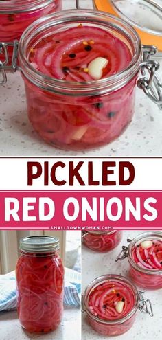 pickled red onions in jars with text overlay that reads pickled red onions