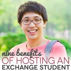 a young man wearing glasses and smiling with the words nine benefits of hosting an exchange student