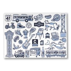 a blue and white drawing of various items on a paper sheet with the number four in it