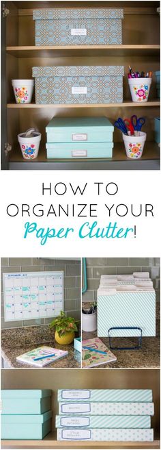 how to organize your paper clutter in the kitchen with pictures and text overlays