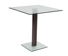 a glass table with a wooden base and metal legs on an isolated white background,