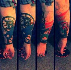 four images show different types of tattoos on the arms and legs, including one with a bitcoin