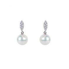 MIKIMOTO Akoya Cultured Pearl and Diamond White Gold Earrings 1/5ctw | REEDS Jewelers Classic White Gold Pearl Earrings, Elegant Brilliant Cut Diamond Drop Earrings, Classic Platinum Pearl Earrings For Formal Occasions, Classic Silver Platinum Pearl Earrings, Exquisite White Gold Drop Diamond Earrings, Refined Formal Earrings With Diamond Accents, Elegant Brilliant Cut Diamond Earrings For Formal Occasions, Elegant Diamond Earrings With Brilliant Cut For Formal Events, Timeless Platinum Earrings