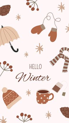 the words hello winter are surrounded by autumn leaves and mittens on a pink background