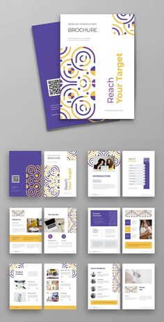 the brochure is shown with purple and yellow accents, including an abstract design