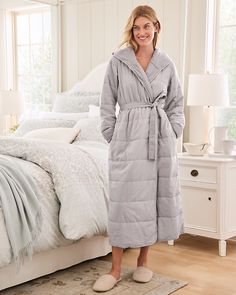 Our cozy quilted robe delivers hood-to-toe pampering in organic-cotton cambric with jersey-knit lining and lofty warm fill. Garment washed for softness. Relaxed fit. 3-piece hood with shawl collar. Long sleeves. Open front. Side-seam pockets. Hanger loop. Belt with belt loops. Inside tie. Quilting on bodice and sleeves. Midi length. 100% organic-cotton cambric. Women's quilted organic cotton robe by Garnet Hill. Cotton Winter Sleepwear, Winter Cotton Sleepwear For Relaxation, Winter Sleep Robe In Cotton, Winter Sleep Cotton Robe, Winter Cotton Sleep Robe, Comfortable Lounging Outerwear, Tie Quilting, Quilted Robe, Loop Belt