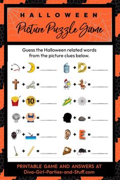 Halloween picture puzzle game, printable Halloween game, Halloween rebus puzzle Halloween Emoji Game, Halloween Word Games, Free Printable Halloween Games, 2 Syllable Words, Halloween Board Game, Kids Lunch Box Notes, Word Puzzles For Kids, Halloween Quiz, Quotes Halloween