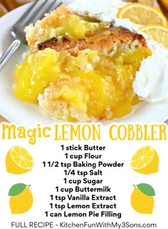 a poster for a lemon cobbler recipe