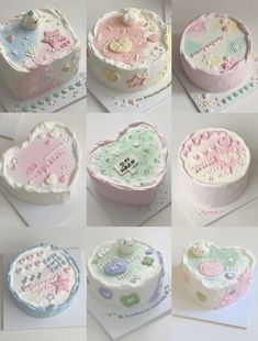 there are many different cakes that have hearts on them, all decorated in pastel colors