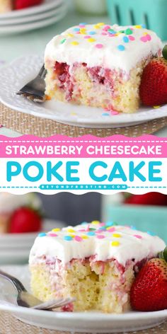 One of the best summer desserts with a moist vanilla cake! Soaked in condensed milk then topped with fresh strawberry sauce and whipped cream cheese frosting, this strawberry poke cake is a perfect Labor Day party food idea. Save this strawberry cheesecake poke cake recipe! Strawberry Cheesecake Poke Cake Recipe, Strawberry Poke Cake Recipe, Strawberry Cheesecake Poke Cake, Strawberry Poke Cake, Strawberry Recipes Easy, Strawberry Poke Cakes, Whipped Cream Cheese Frosting