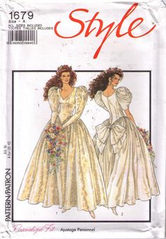 two women's wedding gowns, one in white and the other in yellow