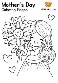 mother's day coloring pages with a girl holding a sunflower and hearts in the background