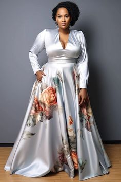 Xpluswear Design Plus Size Formal Silver Floral V Neck Long Sleeve Pocket Satin Maxi Dresses - Xpluswear Mother Of The Bride Dresses Plus Size Full Figure Fall, Wedding Dresses Guest Fall, V Neck Dress Outfit, Plus Size Fall Wedding Guest, December Wedding Guest Outfits, Plus Size Formal Dresses For Wedding, Latest Material Gown Styles, Winter Maxi Dress Outfit, Dresses For Curvy Women