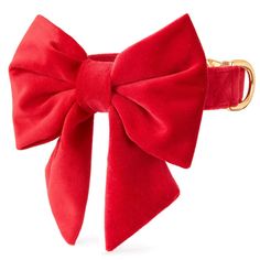 a red bow tie on a dog collar with a gold ring in the middle and bottom