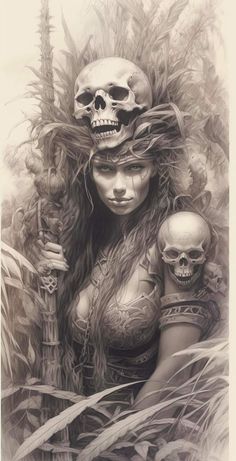 a drawing of a woman with skulls on her head