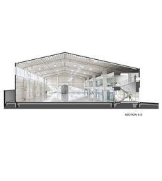 an architectural rendering of the interior of a building with glass walls and doors on both sides