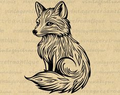 a black and white drawing of a fox