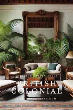 a living room filled with furniture and lots of greenery on top of the walls