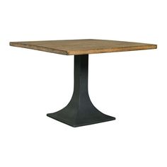 a square wooden table with an iron base and wood top, against a white background