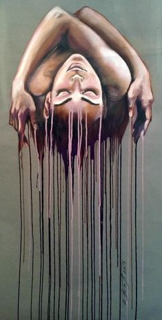 a painting of a woman's head covered in dripping blood with her eyes closed