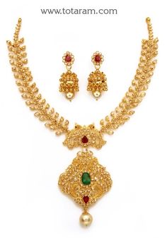 22 Karat Gold Necklace & Drop Earrings Set with Uncut Diamonds , Rubies, Emeralds & South Sea Pearls
     - 235-DS661 - in 52.000 Grams for USD $6173.99. 
Made in India by Totaram Jewelers Online this product is in Gold - 22 Karat BIS Hallmark 916 KDM Gold  & is an excellent gift for Adult - Women. Ships fully insured with secured guaranteed delivery for free with your order over $250 from New Jersey USA & comes with 30 days exchange policy. Uncut Diamond Necklace, Indian Gold Jewelry, 22k Gold Necklace, Peacock Necklace, Diamond Pendant Sets, Small Necklace, Gold Jewelry Stores, Gold Wedding Jewelry, Diamond Necklace Set