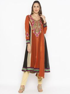 Rust Beige Black Georgette Kalidaar Kurta With Mock Jacket Style Effect Slitted In The Front With Piping S On It Having Full Sleeves… Embroidery On Neckline And Sleeves With Brocade.. Satin.. Tissue Detailing On Sleeves And Hemline Worn With Beige Cigarette Pants And Rust Chiffon Dupatta With Gold Borders On All Sides. Kalidaar Kurta, Buy Salwar Kameez Online, Sleeves Embroidery, Anarkali Kurta, Ethnic Outfits, Readymade Blouse, Embroidered Neckline