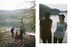 two pictures with people standing on the shore and one has a dog in front of them