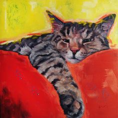 a painting of a cat laying on top of a red couch next to a yellow wall