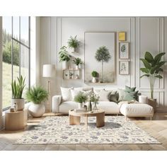 a living room filled with lots of furniture and potted plants on top of them