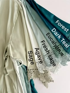 four different colors of fabric with the words forest, dark teal, and elegant lace on them