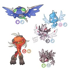 four different types of pokemons with numbers on the front and back, all in different colors