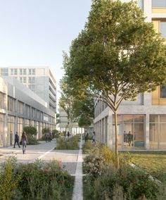 an artist's rendering of people walking on the sidewalk in front of buildings and trees