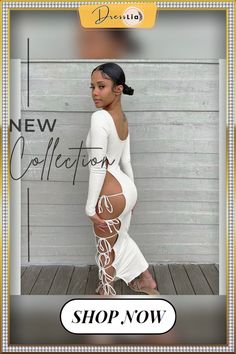 Low Cut Hollow Out Lace Up Backless Bodycon Dress White Bandage Bodycon Dress For Spring, Summer Bodycon Dress With Long Sleeves And Cutout, Summer Long Sleeve Cutout Bodycon Dress, Spring Backless Bodycon Dress For Brunch, Chic Spring Bandage Bodycon Dress, Chic Spring Bodycon Dress With Bandage Detail, Spring Brunch Backless Bodycon Dress, Backless Bodycon Dresses, 1 Million