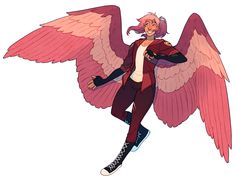 a woman with pink hair and wings is posing for the camera while holding her arms out